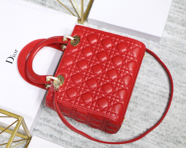 D10r Lady Red Handbag With Gold Hardware 24CM