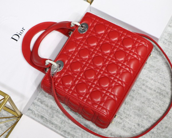 D10r Lady Red Handbag With Silver Hardware 24CM