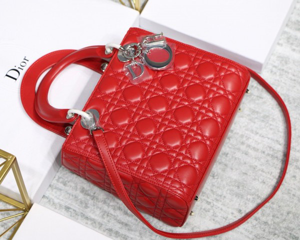 D10r Lady Red Handbag With Silver Hardware 24CM