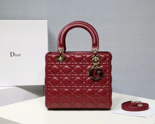 D10r Lady Wine Red Handbag With Gold Hardware 24CM