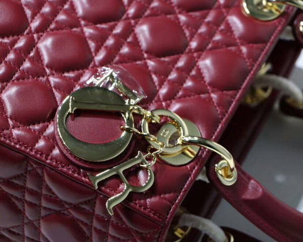 D10r Lady Wine Red Handbag With Gold Hardware 24CM
