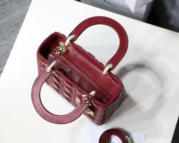 D10r Lady Wine Red Handbag With Gold Hardware 24CM
