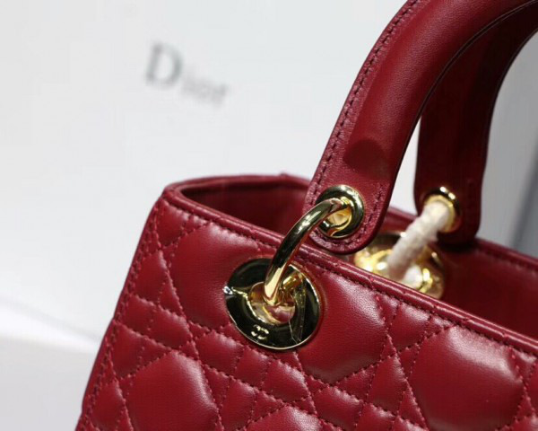 D10r Lady Wine Red Handbag With Gold Hardware 24CM