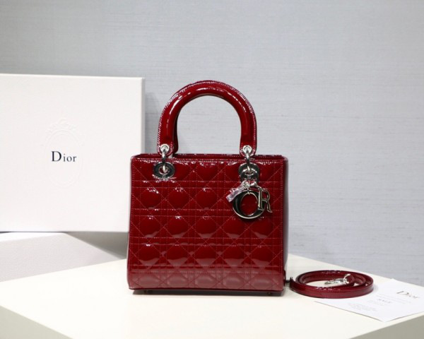 D10r Lady Wine Red Handbag With Silver Hardware 24CM