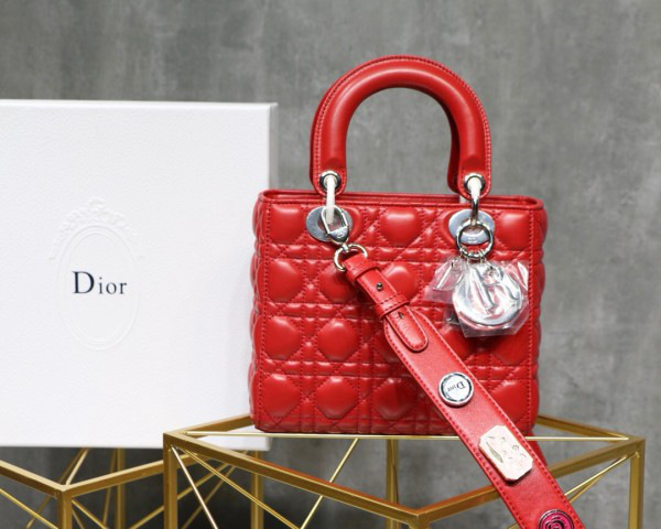 D10r Lady Lambskin Red Handbag with Silver Hardware 20CM