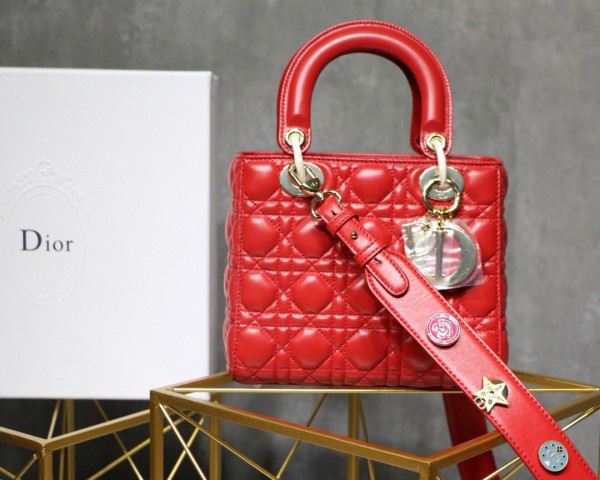 D10r Lady Lambskin Red Handbag with Gold Hardware 20CM