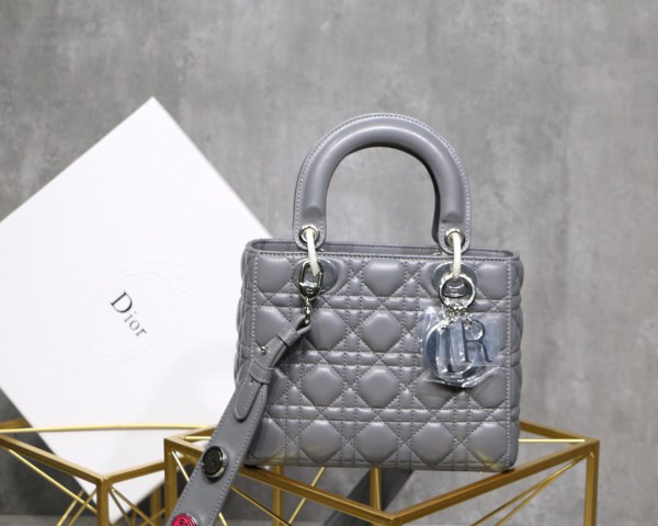 D10r Lady Lambskin Gray Handbag with Silver Hardware 20CM 