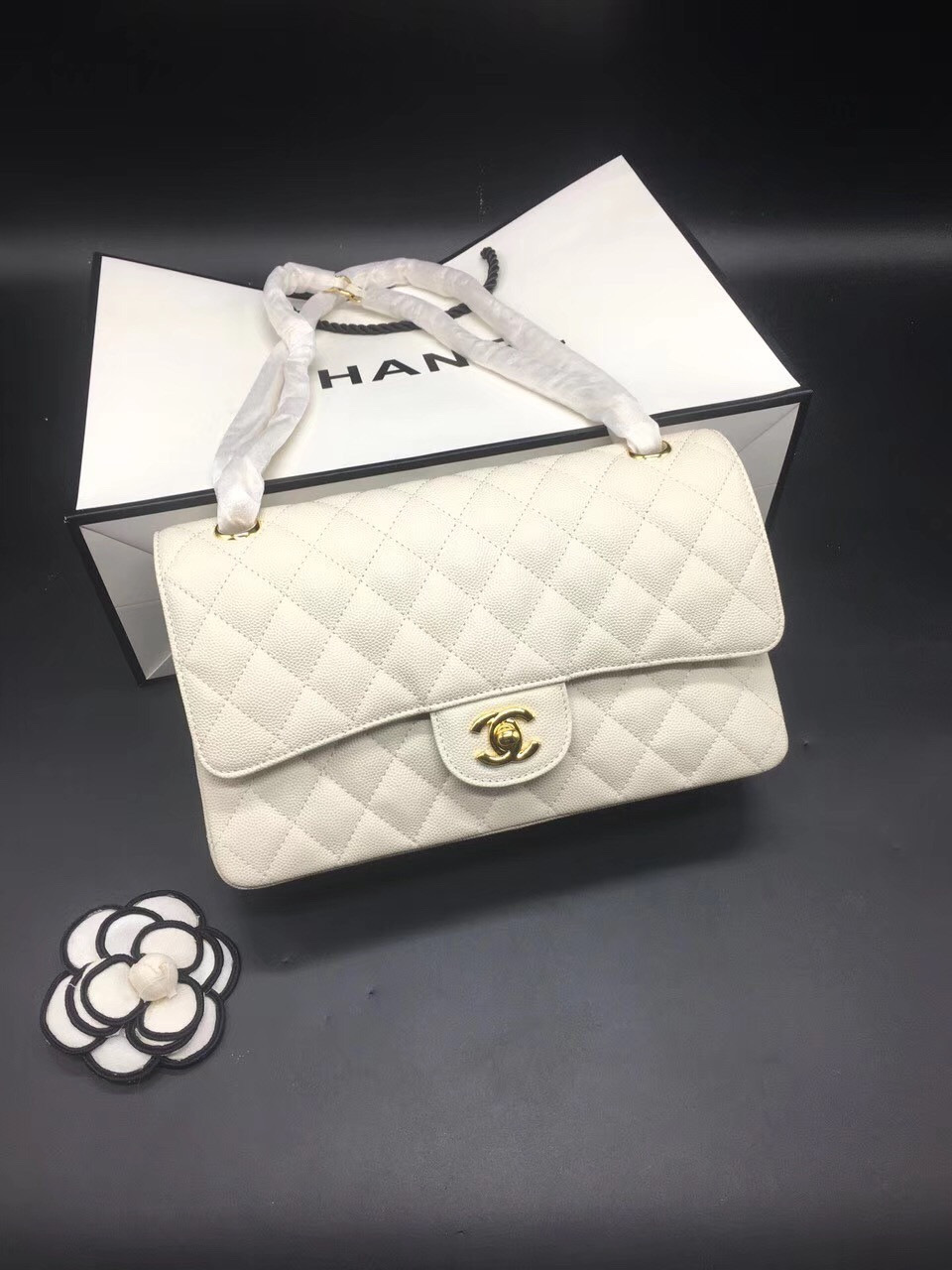 Ch**el Flap Bag Caviar in White 25cm with Gold Hardware