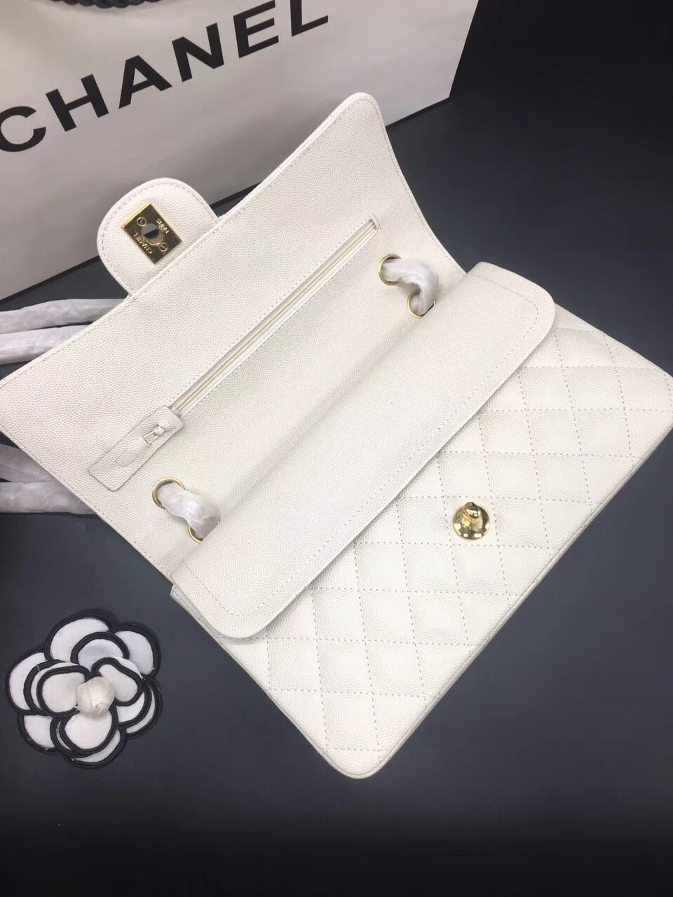 Ch**el Flap Bag Caviar in White 25cm with Gold Hardware