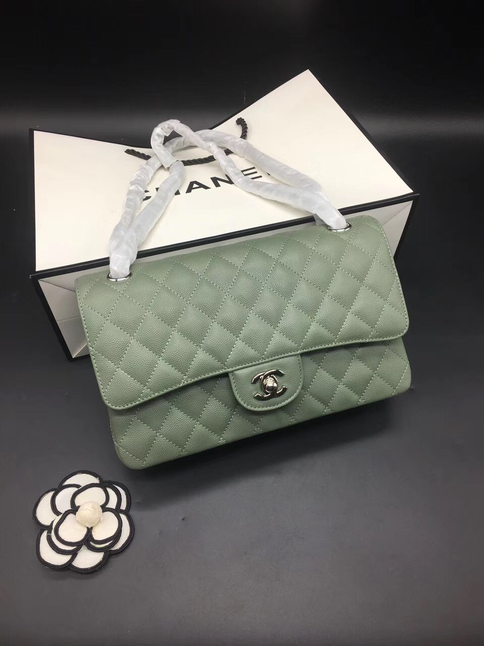 Ch**el Flap Bag Caviar in Light Green 25cm with Silver Hardware