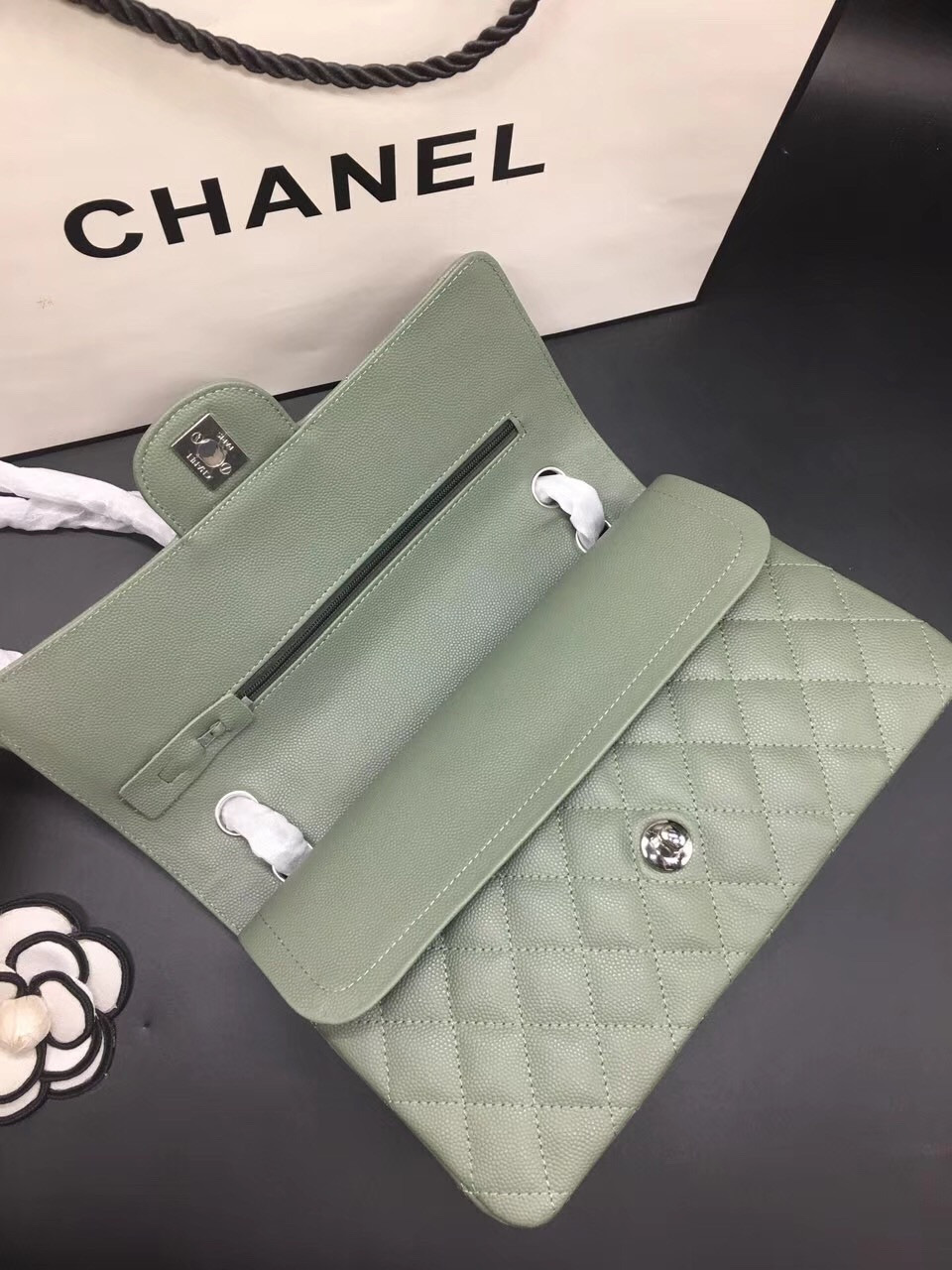 Ch**el Flap Bag Caviar in Light Green 25cm with Silver Hardware