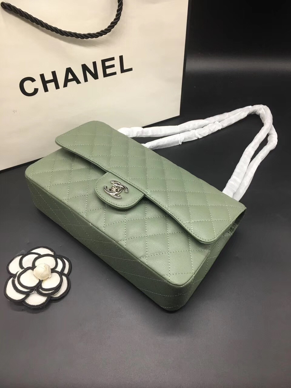 Ch**el Flap Bag Caviar in Light Green 25cm with Silver Hardware