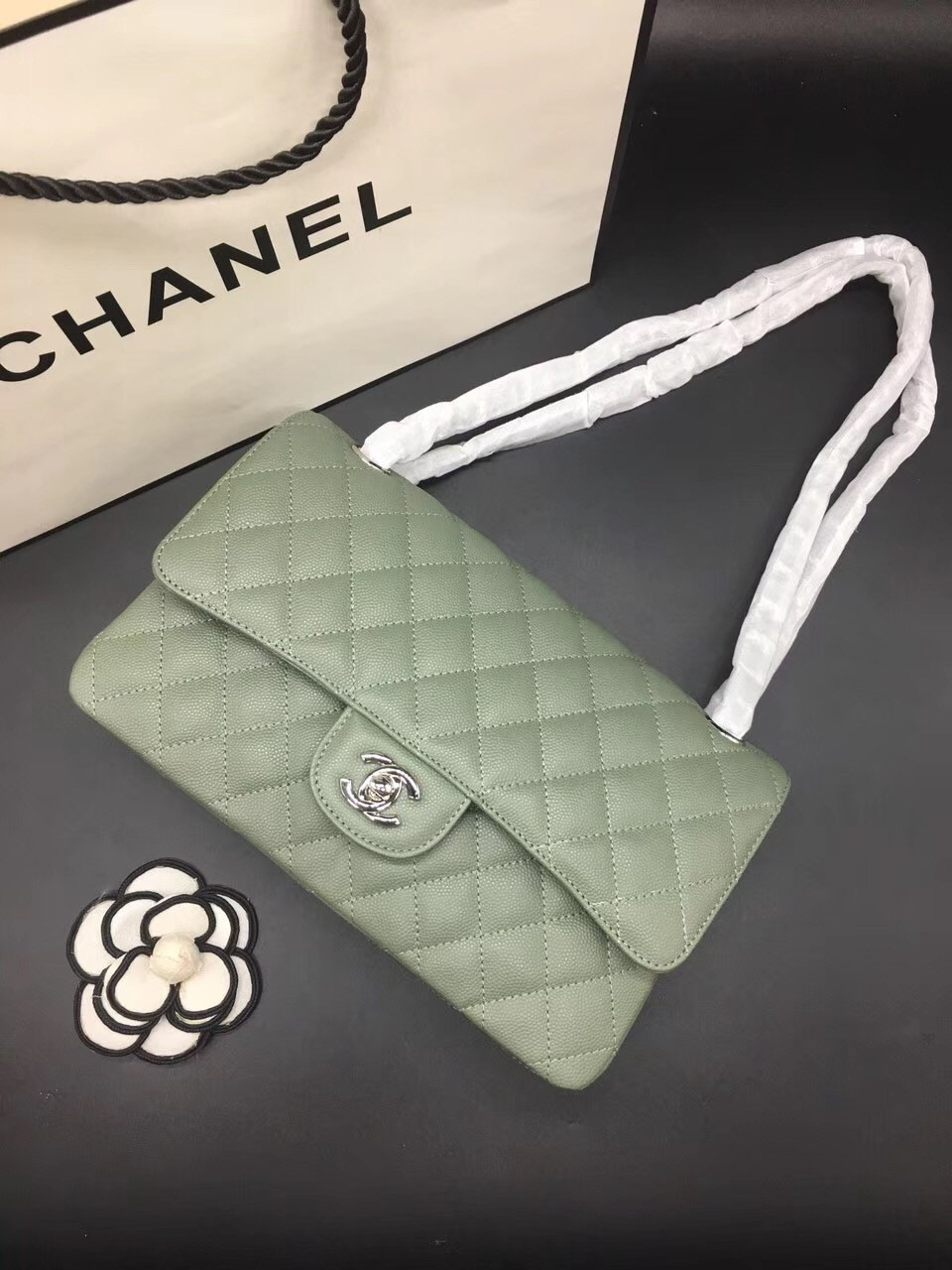 Ch**el Flap Bag Caviar in Light Green 25cm with Silver Hardware