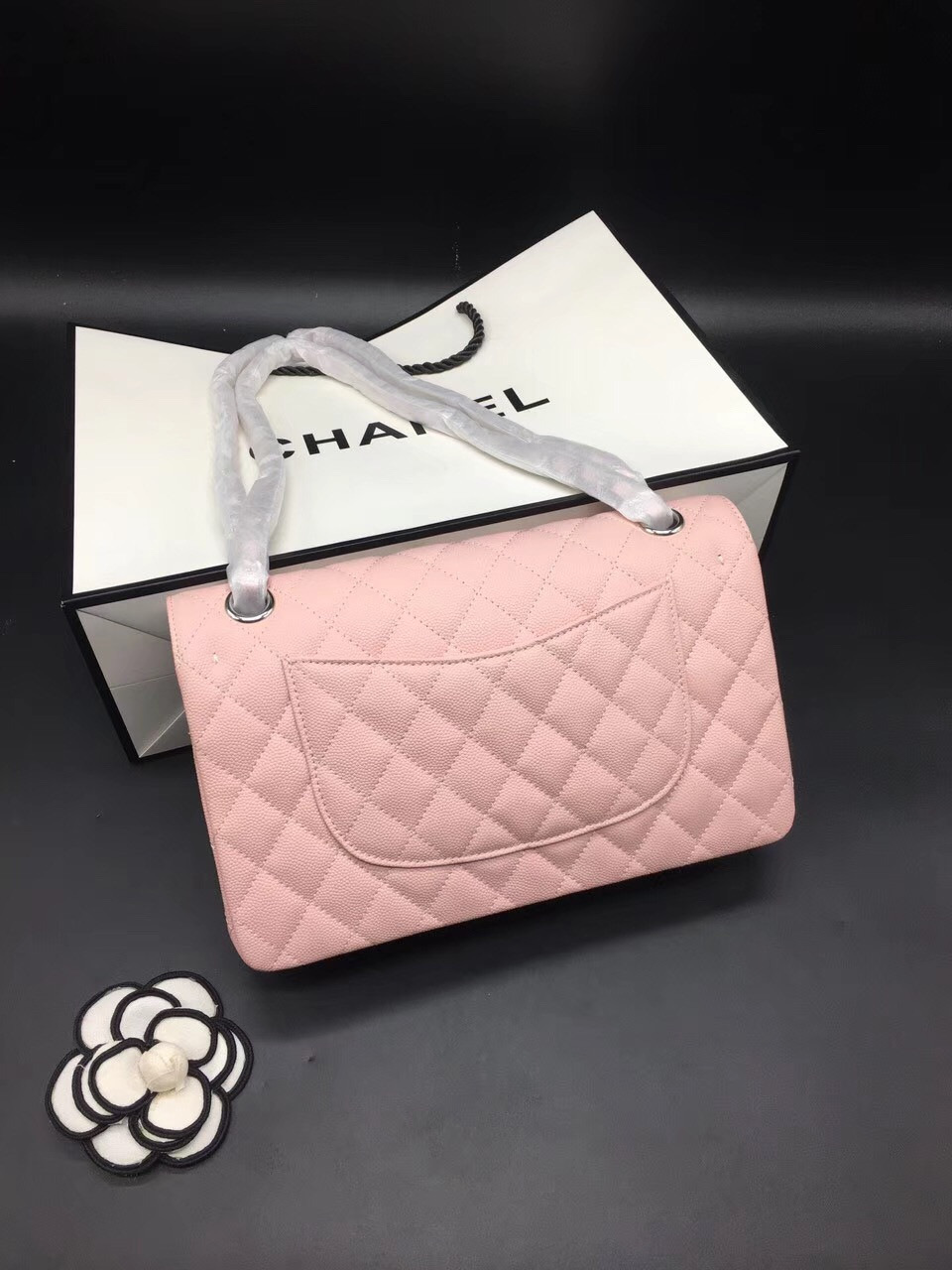 Ch**el Flap Bag Caviar in Pink 25cm with Silver Hardware