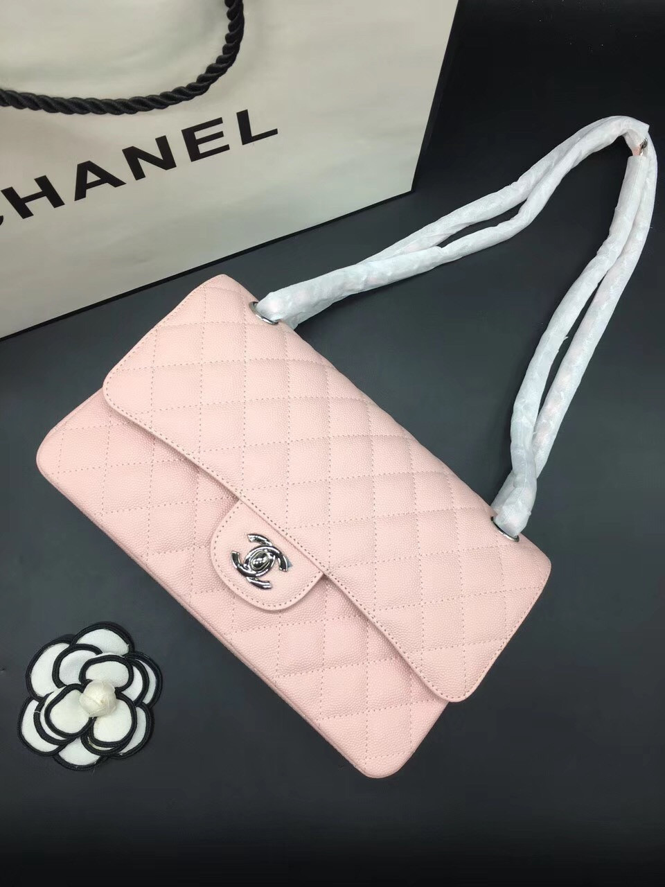 Ch**el Flap Bag Caviar in Pink 25cm with Silver Hardware