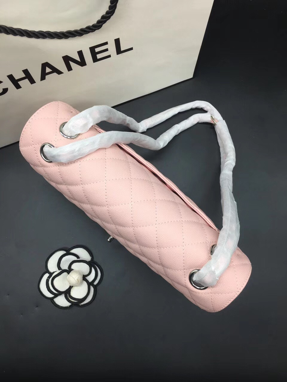 Ch**el Flap Bag Caviar in Pink 25cm with Silver Hardware