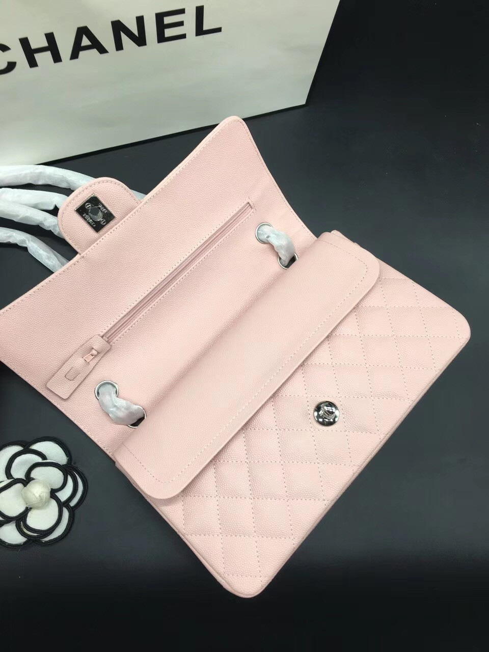 Ch**el Flap Bag Caviar in Pink 25cm with Silver Hardware