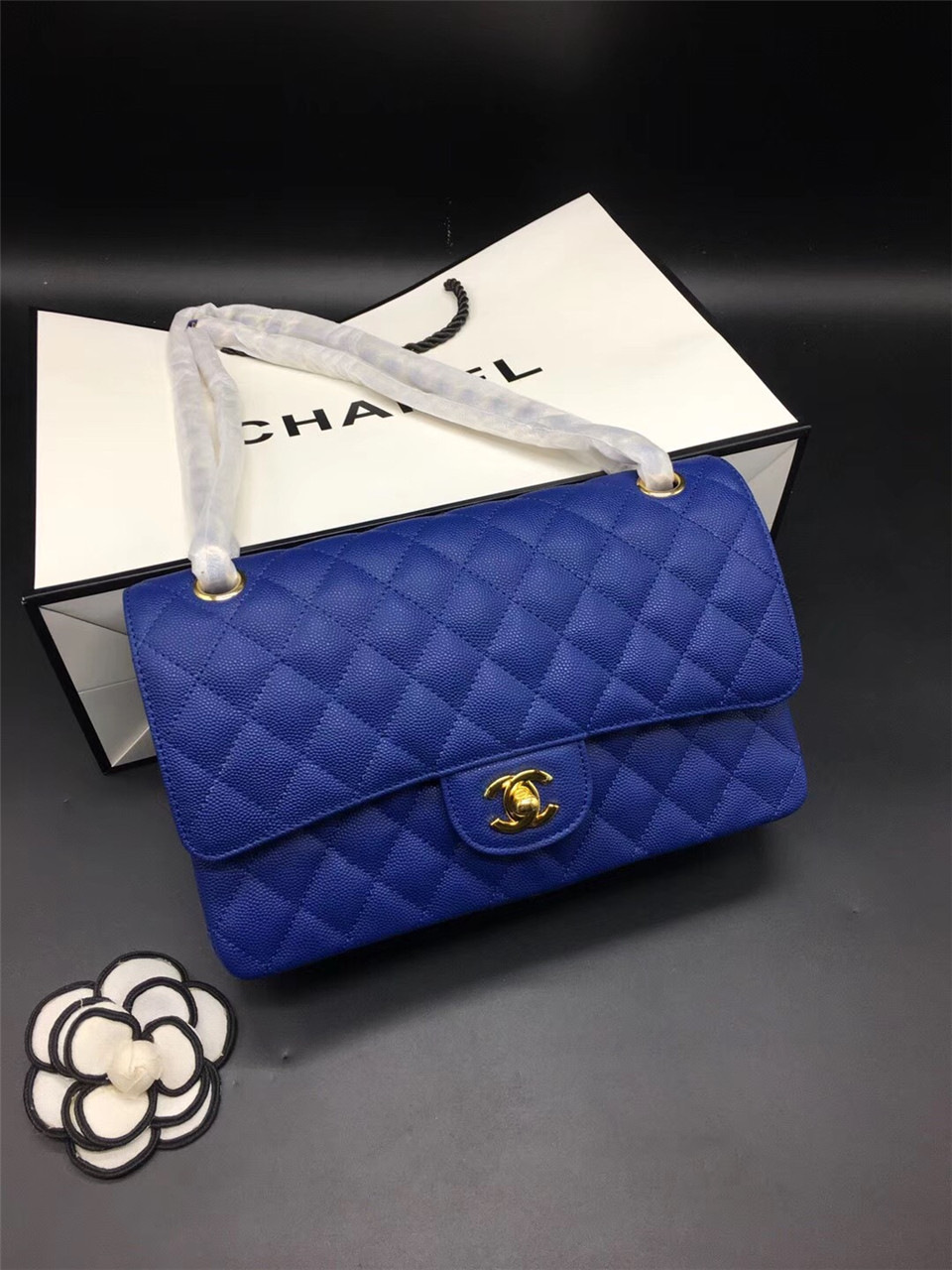 Ch**el Flap Bag Caviar in Blue 25cm with Gold Hardware