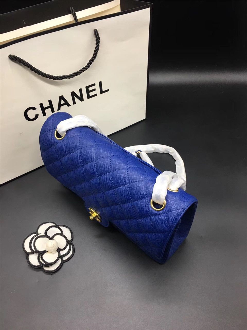 Ch**el Flap Bag Caviar in Blue 25cm with Gold Hardware