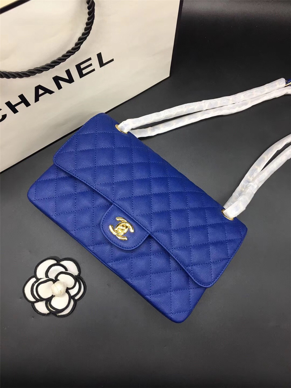 Ch**el Flap Bag Caviar in Blue 25cm with Gold Hardware