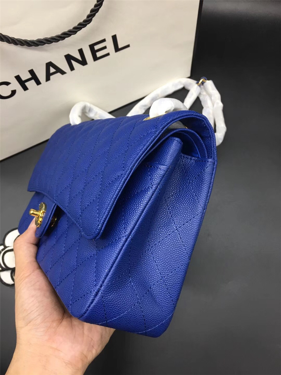 Ch**el Flap Bag Caviar in Blue 25cm with Gold Hardware
