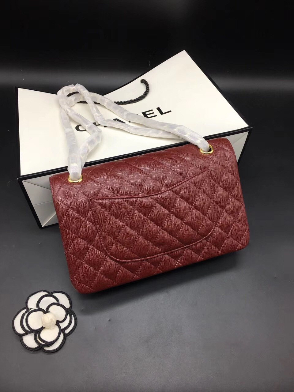 Ch**el Flap Bag Caviar in Maroon Red 25cm with Gold Hardware