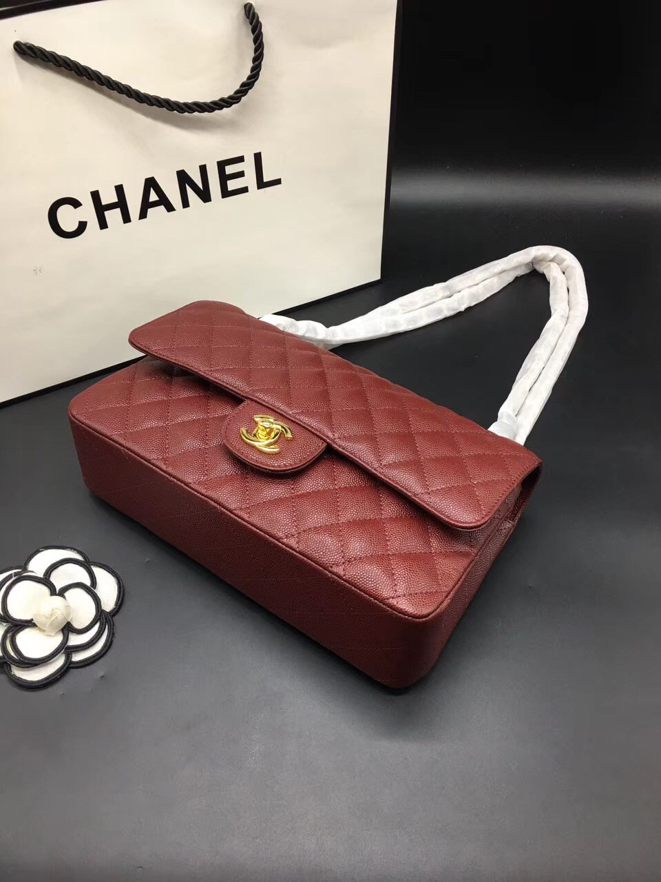 Ch**el Flap Bag Caviar in Maroon Red 25cm with Gold Hardware