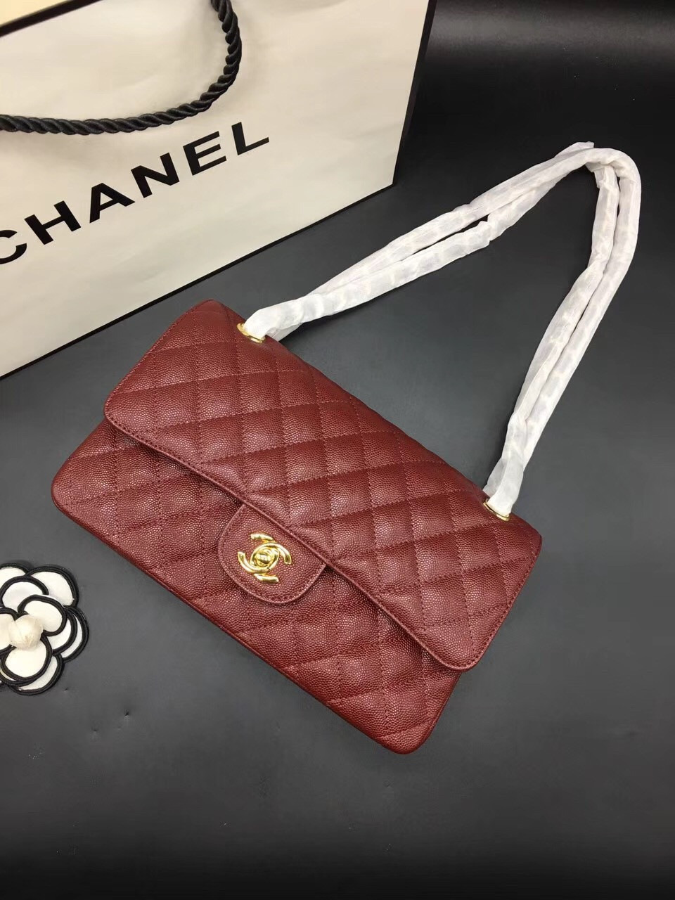 Ch**el Flap Bag Caviar in Maroon Red 25cm with Gold Hardware