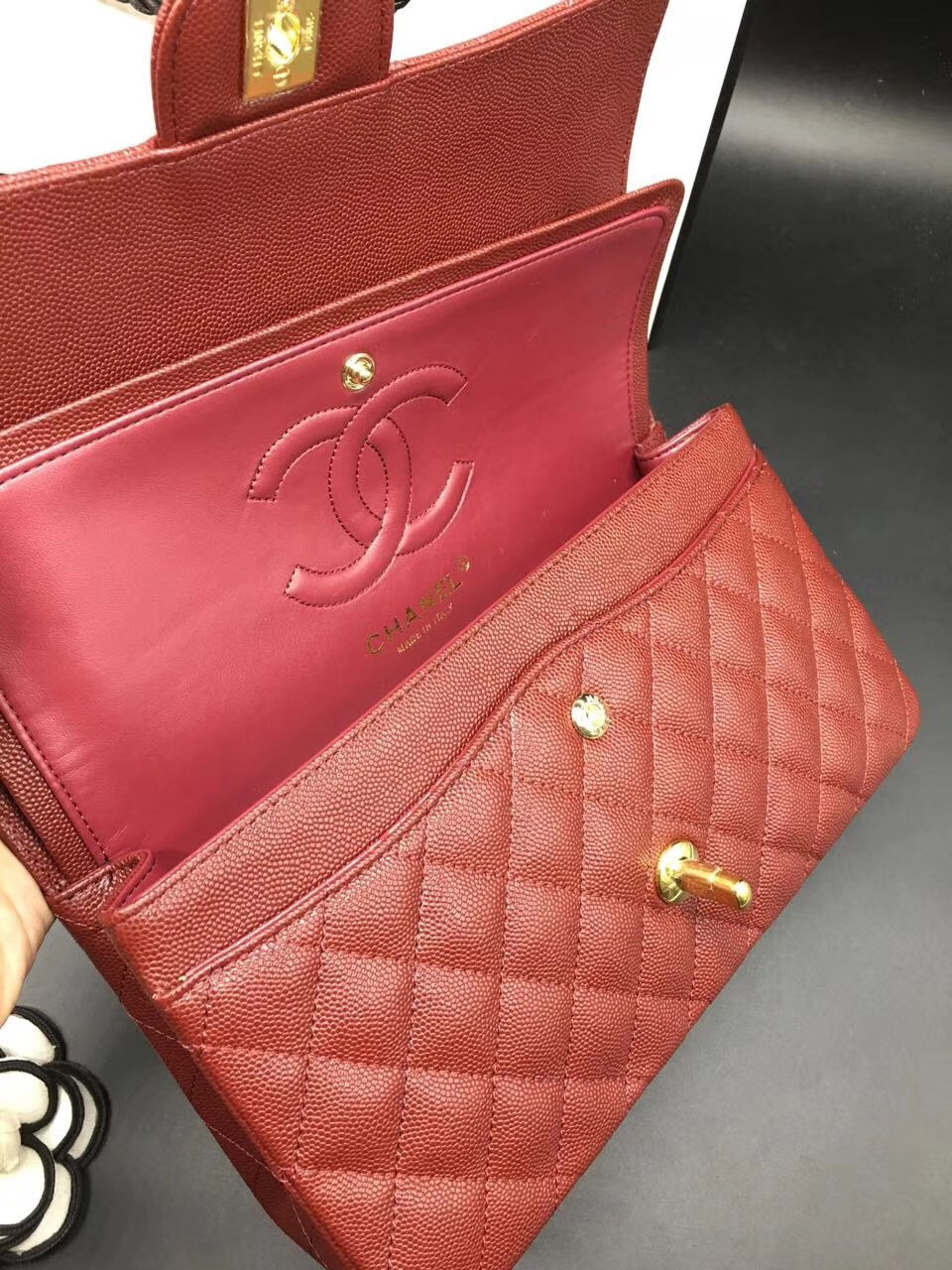 Ch**el Flap Bag Caviar in Maroon Red 25cm with Gold Hardware
