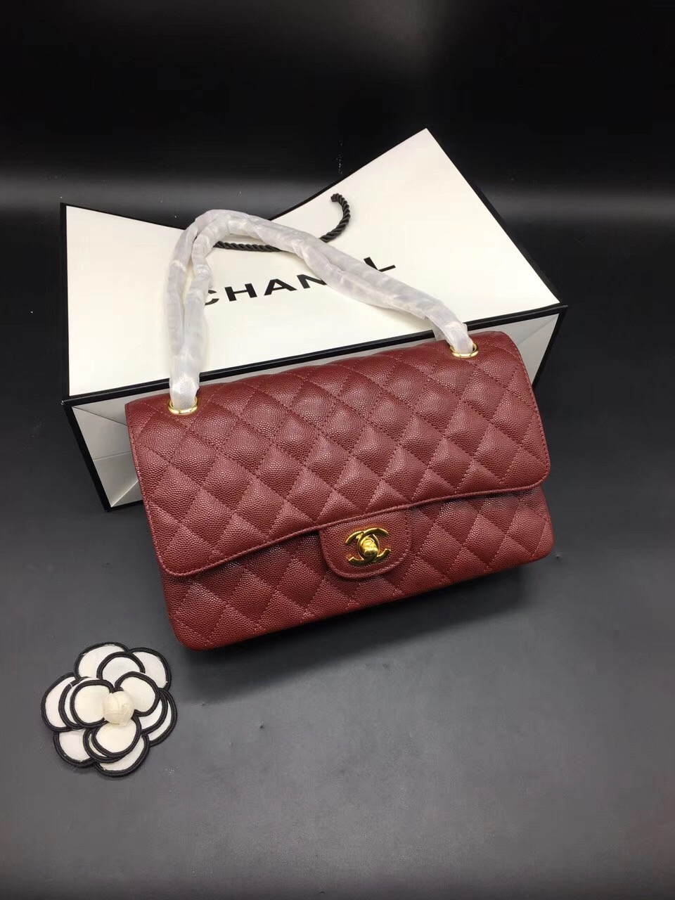 Ch**el Flap Bag Caviar in Maroon Red 25cm with Gold Hardware
