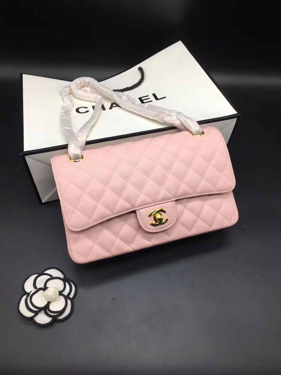 Ch**el Flap Bag Caviar in Pink 25cm with Gold Hardware