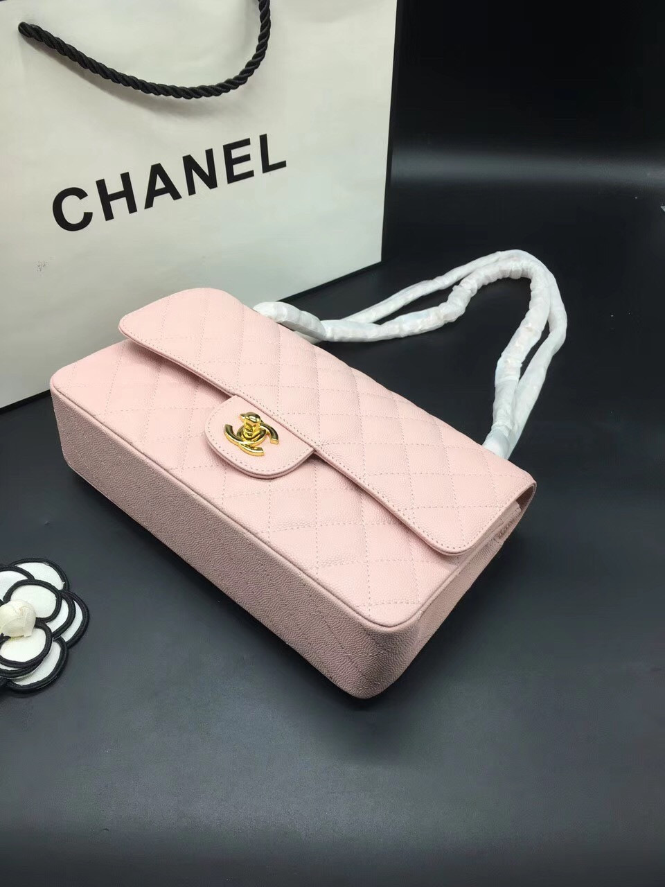 Ch**el Flap Bag Caviar in Pink 25cm with Gold Hardware