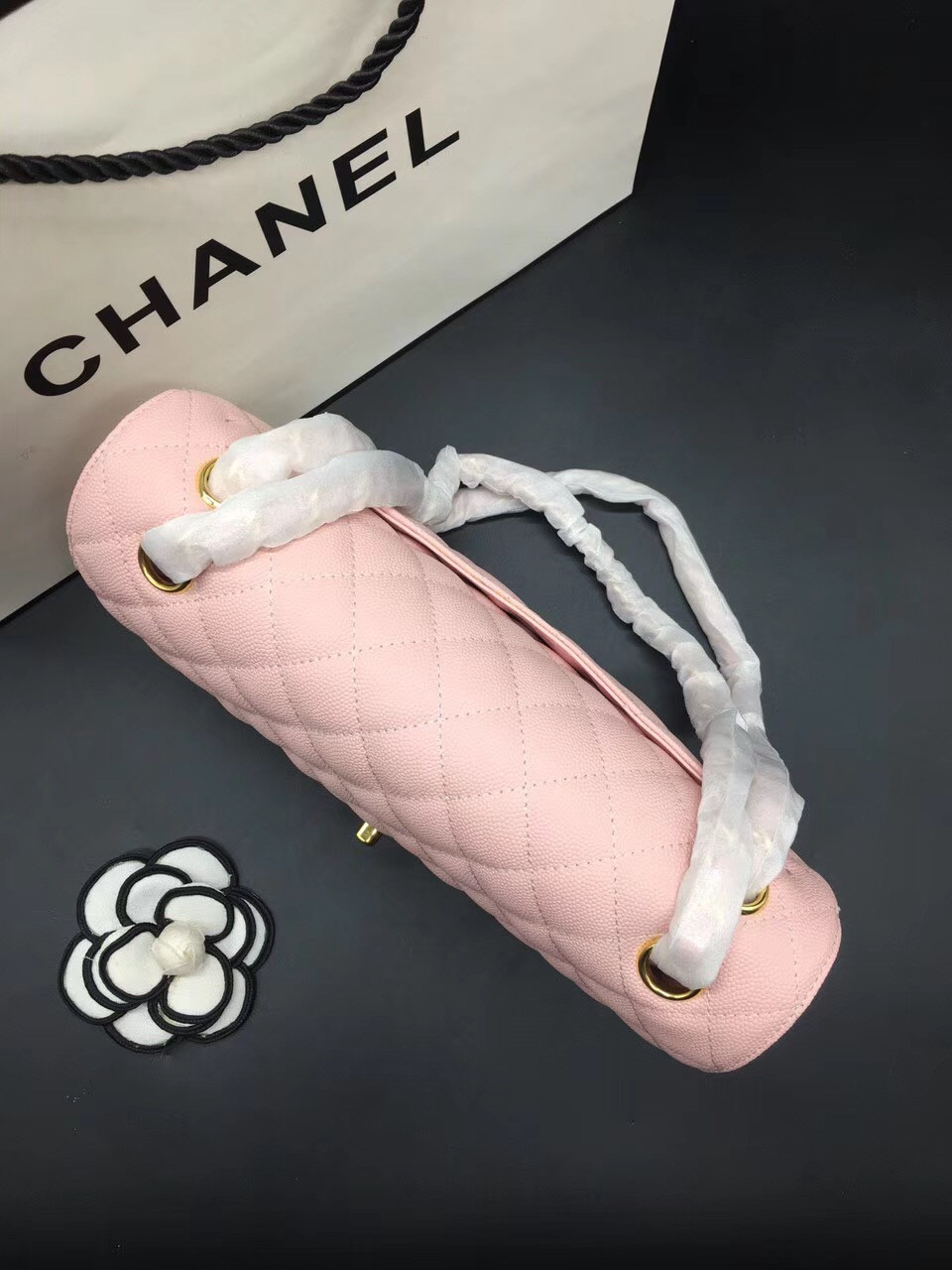 Ch**el Flap Bag Caviar in Pink 25cm with Gold Hardware