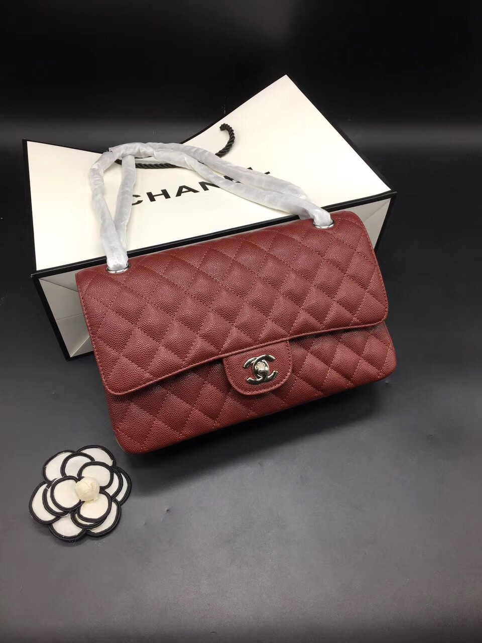 Ch**el Flap Bag Caviar in Maroon Red 25cm with Silver Hardware