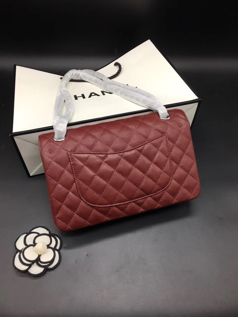 Ch**el Flap Bag Caviar in Maroon Red 25cm with Silver Hardware