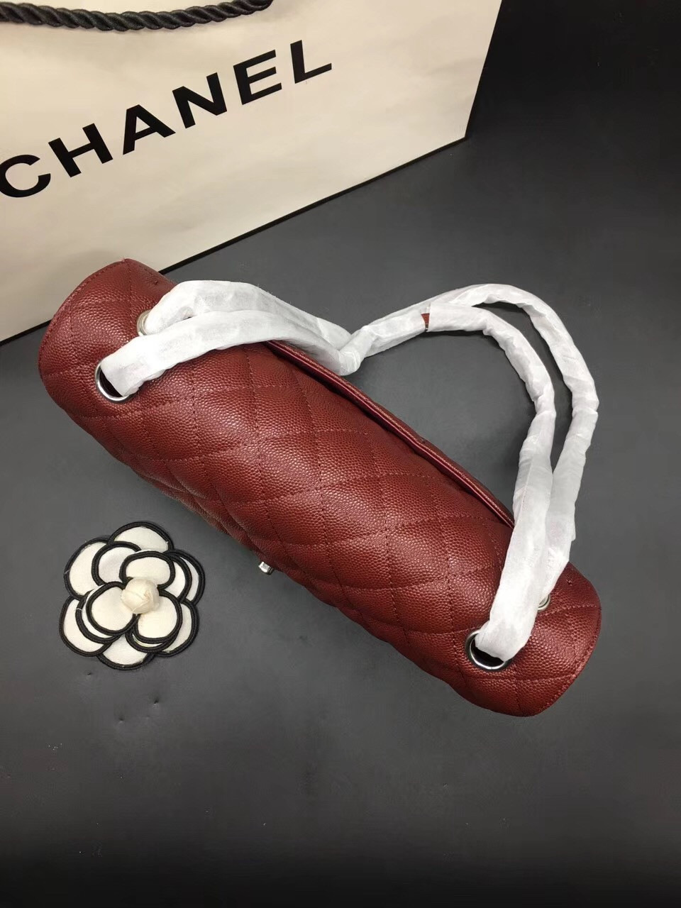 Ch**el Flap Bag Caviar in Maroon Red 25cm with Silver Hardware