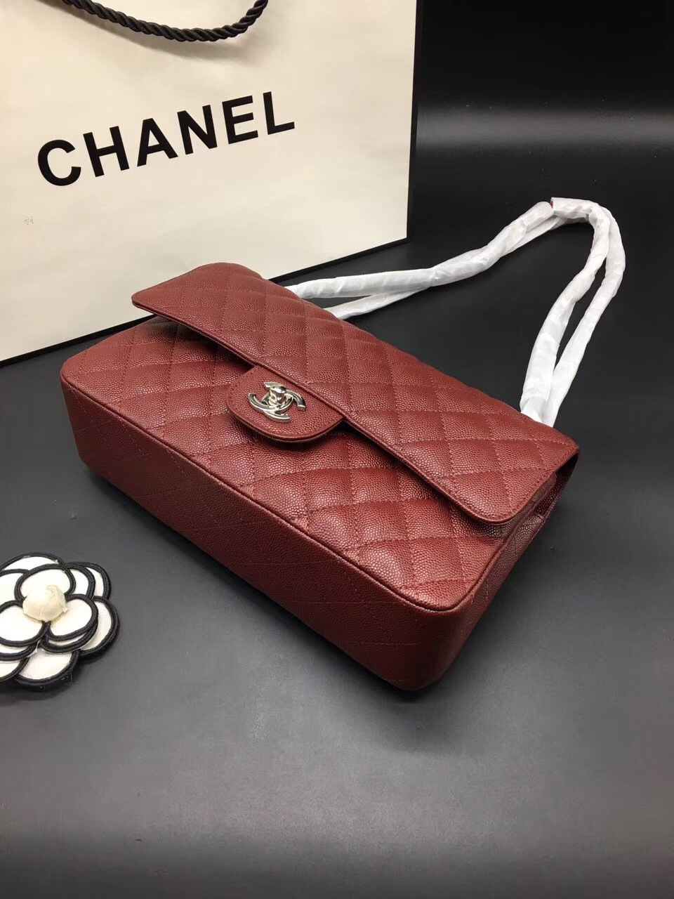 Ch**el Flap Bag Caviar in Maroon Red 25cm with Silver Hardware