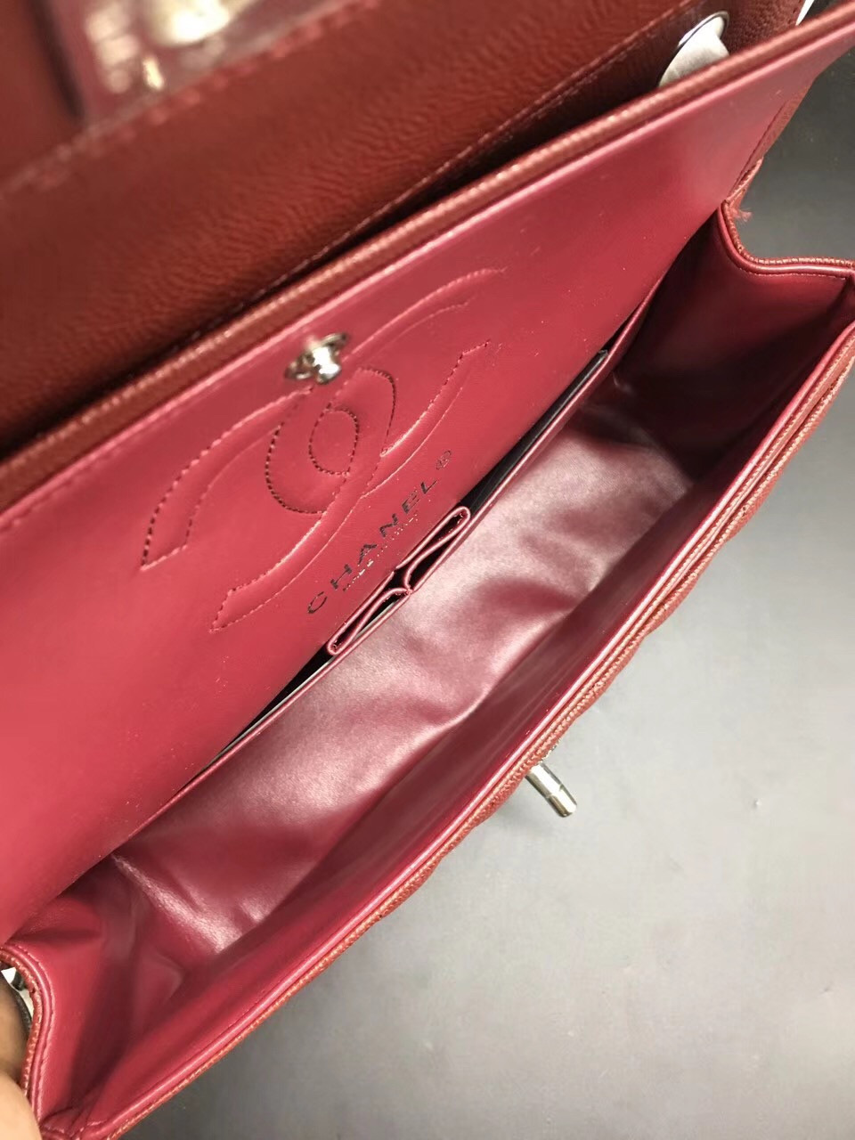 Ch**el Flap Bag Caviar in Maroon Red 25cm with Silver Hardware