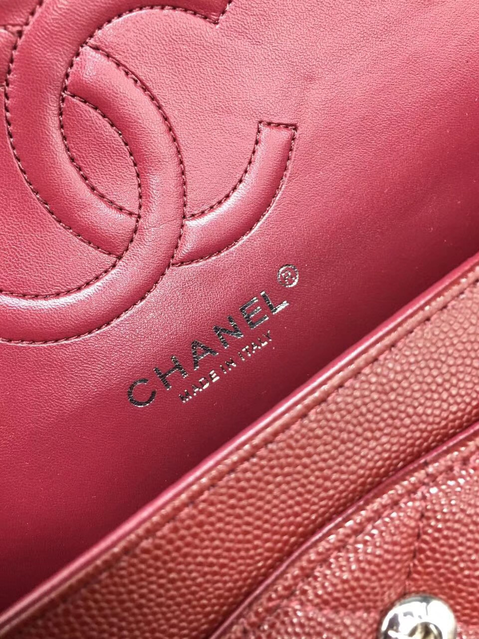 Ch**el Flap Bag Caviar in Maroon Red 25cm with Silver Hardware