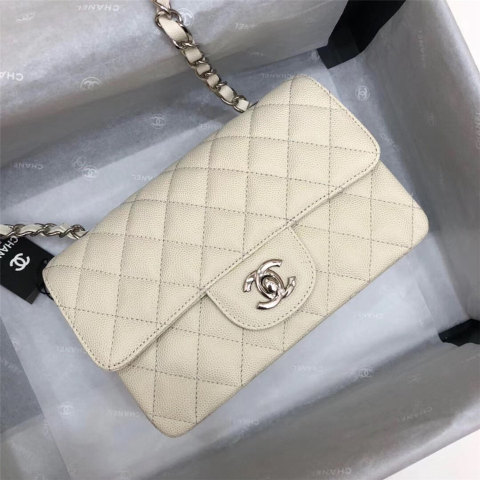 Ch**el Flap Bag Caviar in White 20cm with Silver Hardware