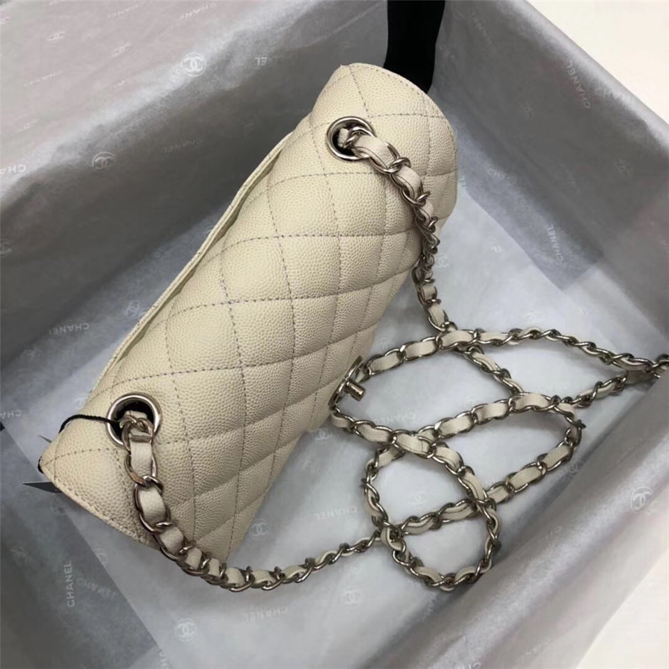 Ch**el Flap Bag Caviar in White 20cm with Silver Hardware
