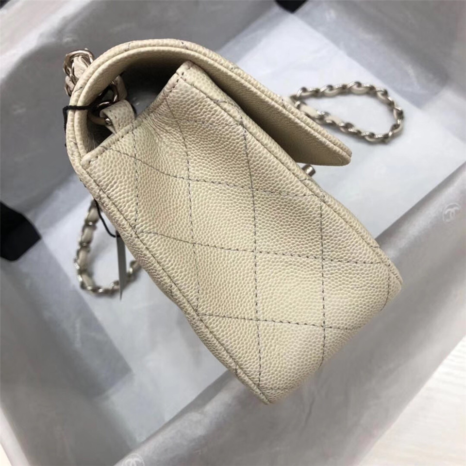 Ch**el Flap Bag Caviar in White 20cm with Silver Hardware