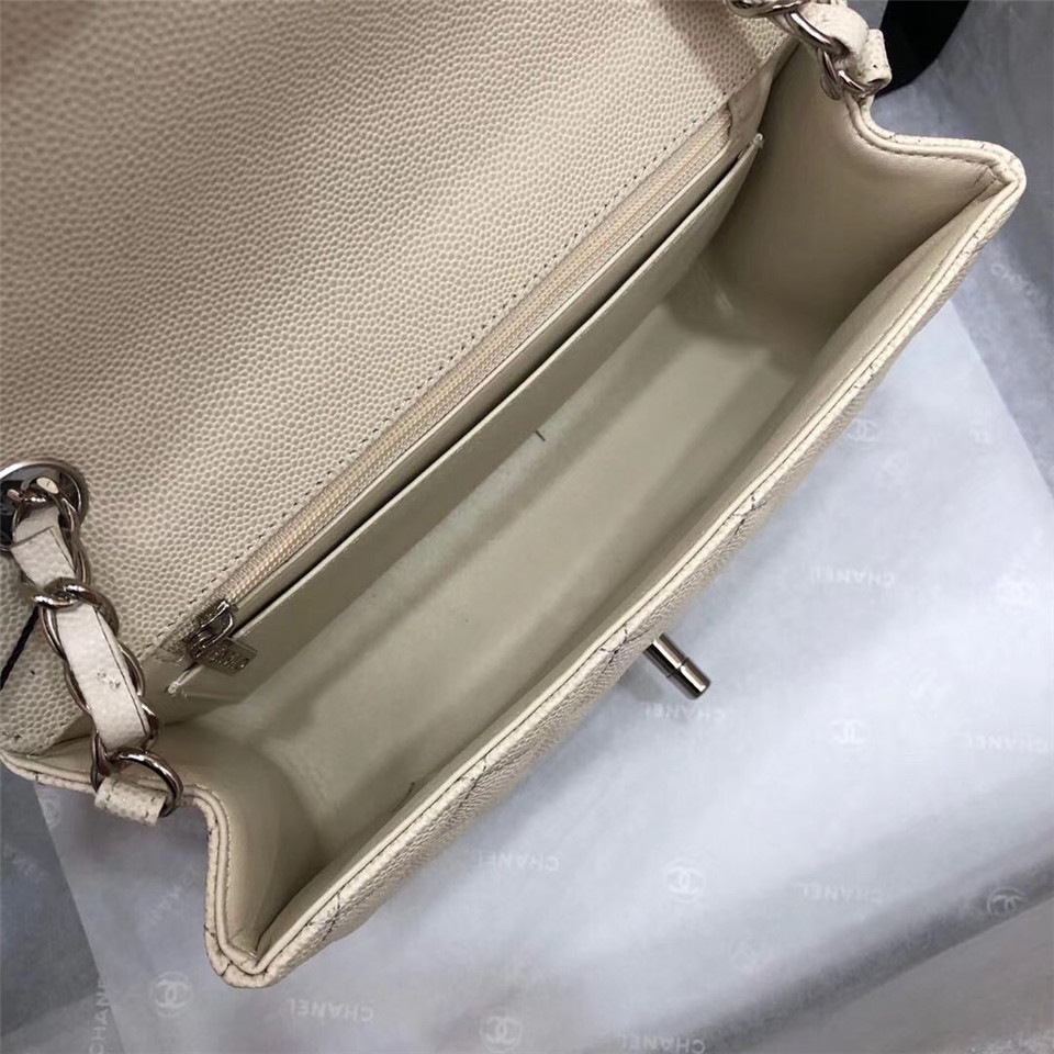 Ch**el Flap Bag Caviar in White 20cm with Silver Hardware