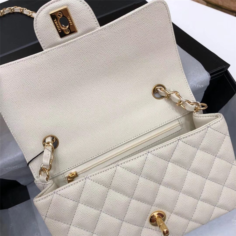 Ch**el Flap Bag Caviar in White 20cm with Gold Hardware