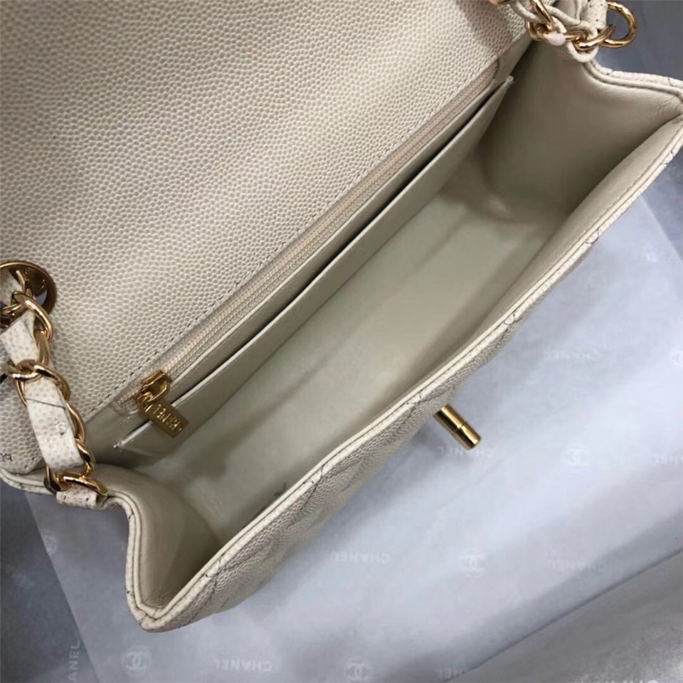 Ch**el Flap Bag Caviar in White 20cm with Gold Hardware