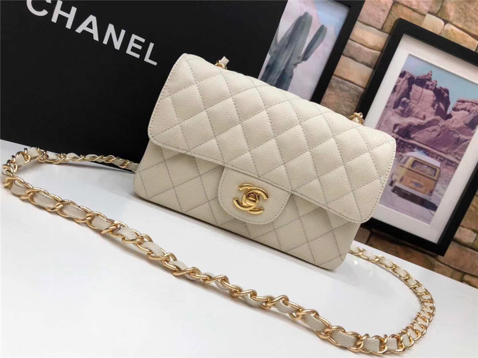 Ch**el Flap Bag Caviar in White 20cm with Gold Hardware