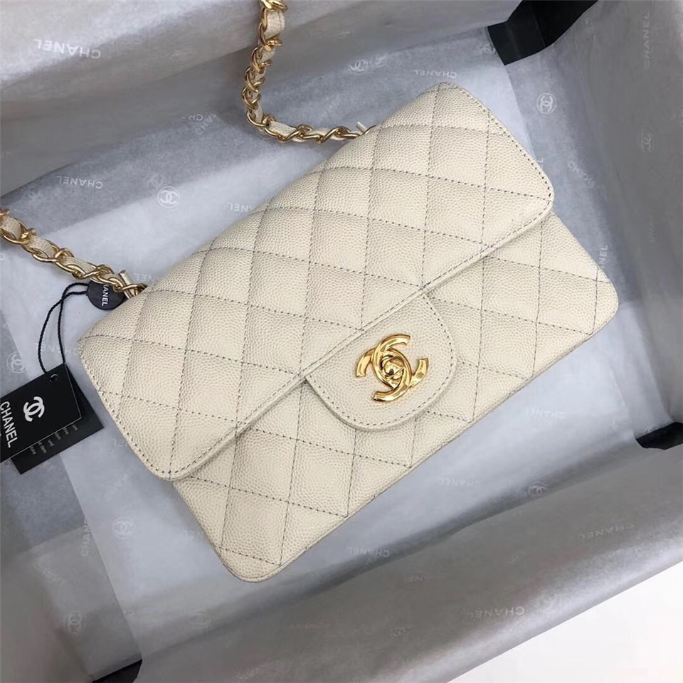 Ch**el Flap Bag Caviar in White 20cm with Gold Hardware