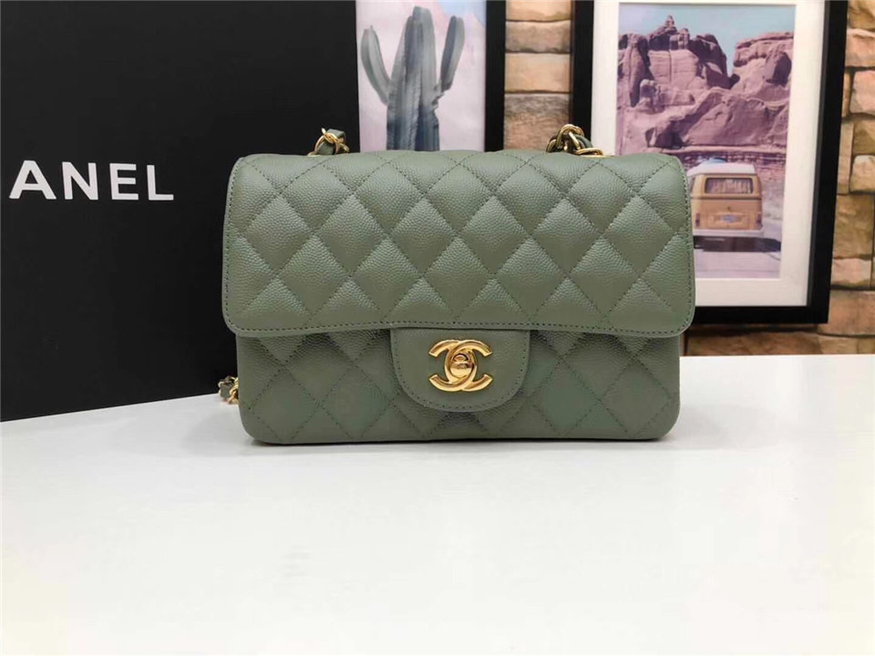 Ch**el Flap Bag Caviar in Green 20cm with Gold Hardware