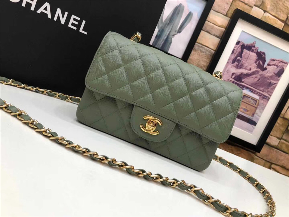 Ch**el Flap Bag Caviar in Green 20cm with Gold Hardware