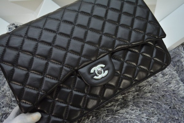 Ch**el Lambskin Flap Bag in Black 33cm with Silver Hardware